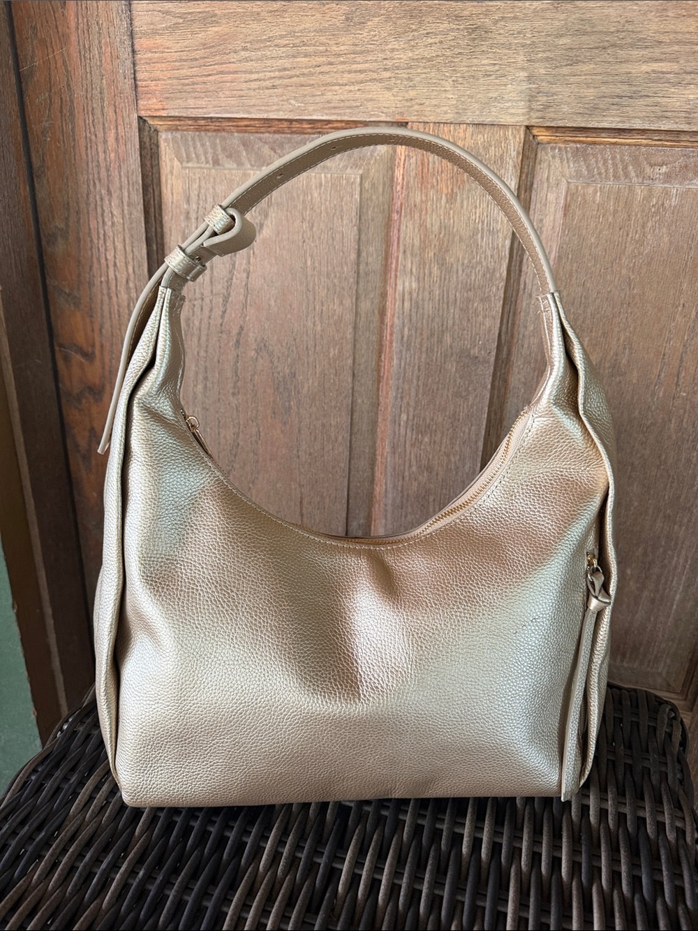 Pebble-Textured Metallic Beige Shoulder Bag